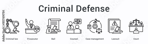 Criminal defense banner web icon involves prosecutor and bail with counsel managing lawsuit cases in court proceedings.