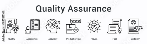Quality assurance banner web icon evaluates accuracy through product reviews with proven facts ensuring certainty standards.