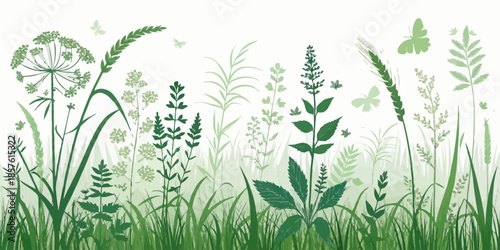 Lush green grass and wildflowers with butterflies fluttering