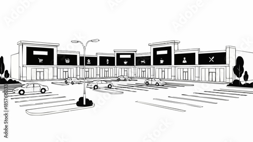 Shopping Center Illustration with Parking Lot and Storefronts.