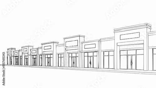 Architectural Sketch of a Commercial Strip Mall Facade.