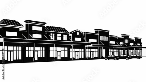 Black and White Illustration of a Commercial Building Row.