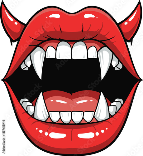A detailed of a red devil mouth with sharp white fangs and horns on a white background showing an open mouth and teeth Keywords: devil, lips