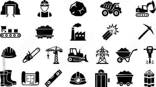 Coal Mining and Industrial Equipment Glyph Vector Icon Set