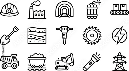 Minimalist Line Art Vector Icons for Mining and Excavation Industry