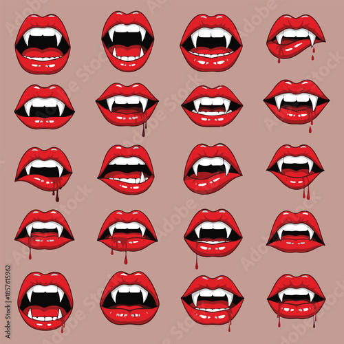 A grid of sixteen detailed of red vampire lips with sharp white fangs and dripping against a muted pink background Keywords: vampire, lips, fangs