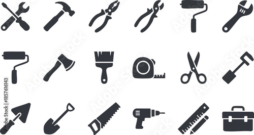 Hand Tools and Construction Equipment Silhouette Vector Icon Collection