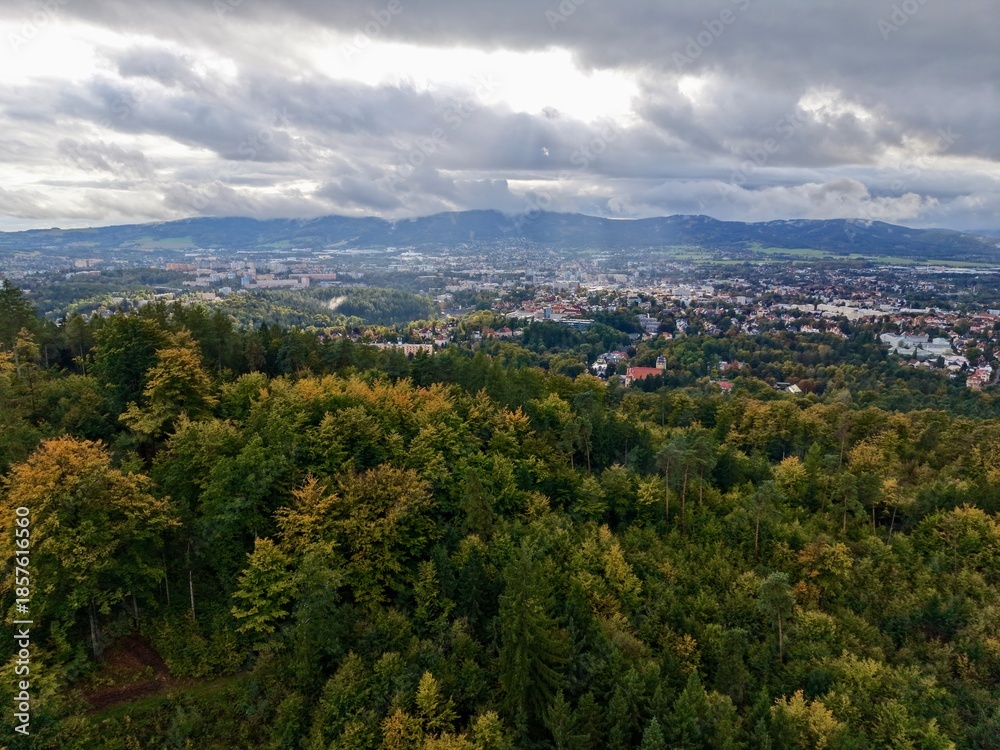Fototapeta premium Gray Mountain View, Dull Cloudfilled Mountain Scene With Cityscape In Background And Thick Trees