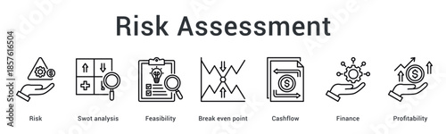 Risk assessment banner web icon evaluates feasibility and break even point ensuring cashflow finance and profitability balance.