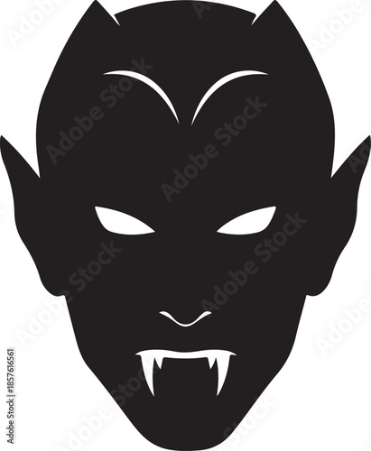 Silhouette of a vampire or demon face with pointed ears glowing white eyes sharp fangs and a stylized head shape on a black background representing