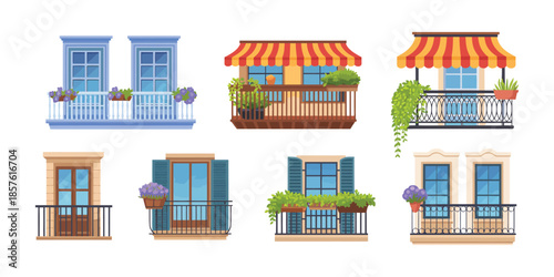 Set of European balconies and windows with flowers, traditional building facade elements with wrought iron railings, plants and awnings isolated on white background illustration.