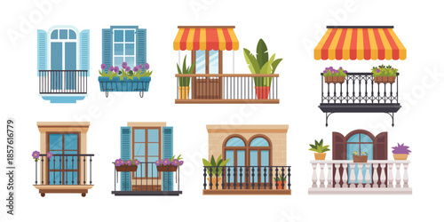 Set of European balconies and windows with flowers, traditional building facade elements with wrought iron railings, plants and awnings isolated on white background illustration.