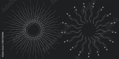 Expansion of life. Vector sphere explosion background. Small particles strive out of center. Blurred debrises into rays or lines under high speed of motion. Burst, explosion backdrop