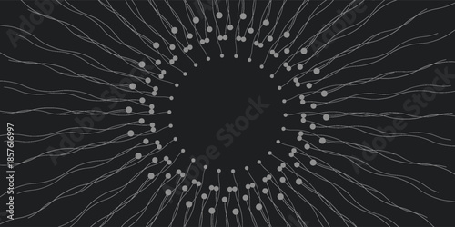 Expansion of life. Vector sphere explosion background. Small particles strive out of center. Blurred debrises into rays or lines under high speed of motion. Burst, explosion backdrop