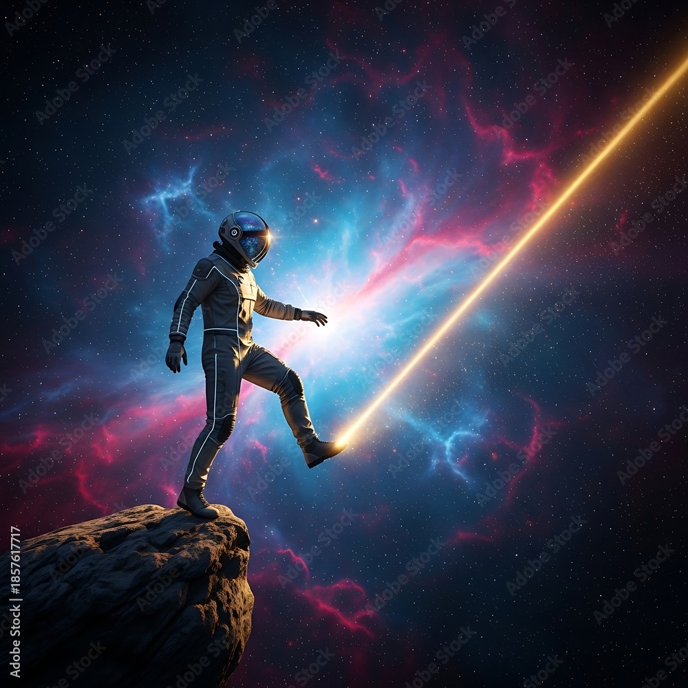 Fototapeta premium Astronaut Stepping on a Beam of Light in a Cosmic Landscape.