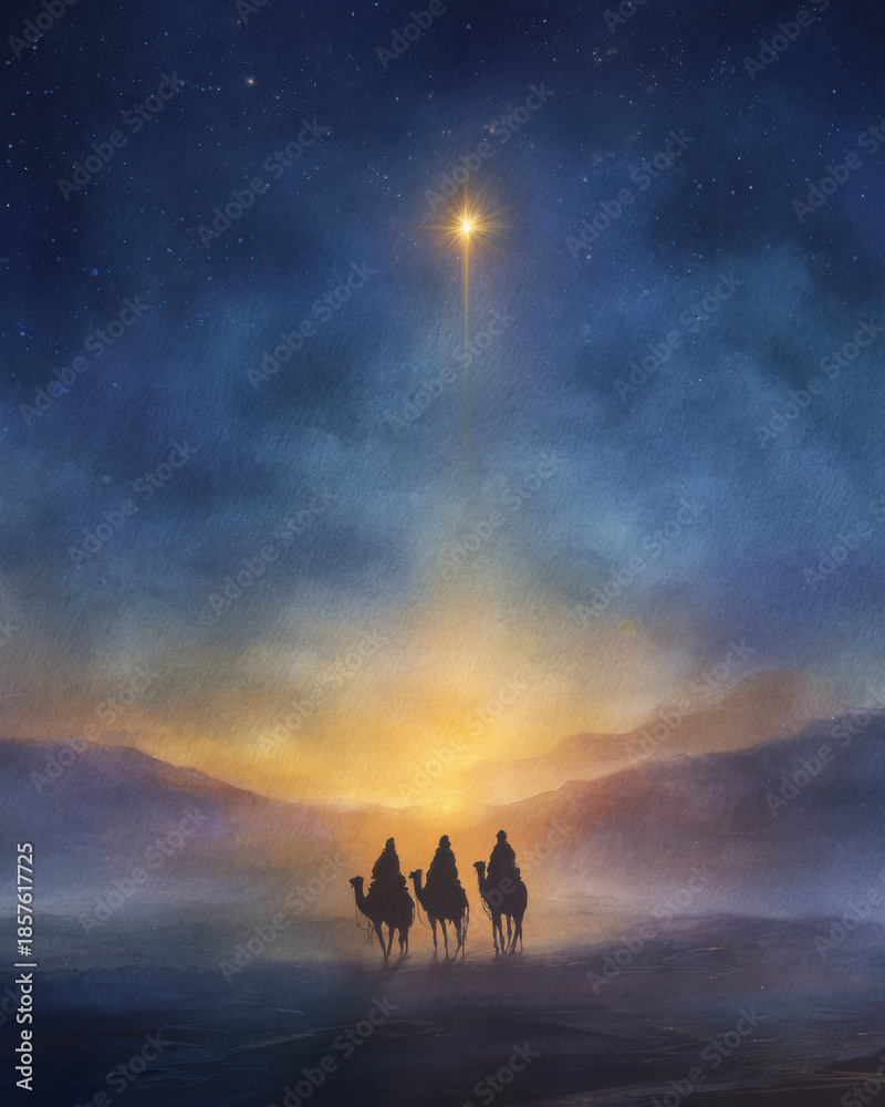 Fototapeta premium Watercolor illustration of biblical Magi (Three Wise Men) riding camels across a desert under a starry night, guided by the glowing Star of Bethlehem.