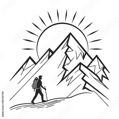 Hiker ascending mountain under sun