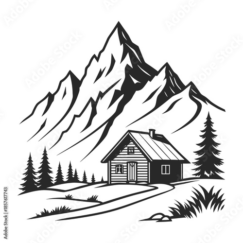 Cozy cabin in mountainous landscape