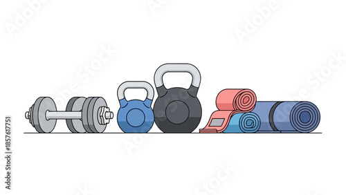 Fitness equipment collection dumbbell, kettlebells, exercise mats for home workouts and training