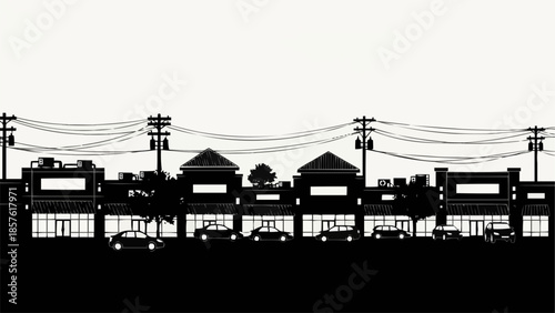 Silhouette of a shopping center with cars and power lines.