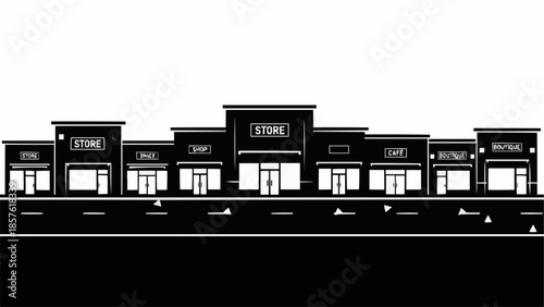 Silhouette of a Commercial Strip Mall with Multiple Stores.