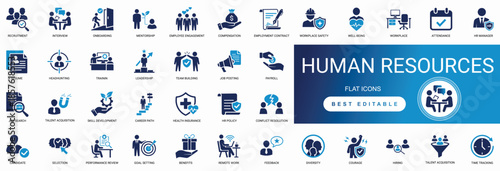 Human resources HR solid icon set featuring recruitment management employee career, hiring job team staff person, and interview corporate business employment editable vector icons.