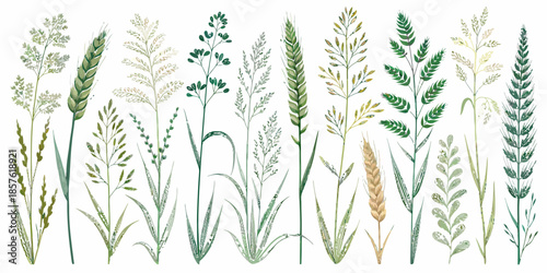Variety of green plants and wheat stalks on white background