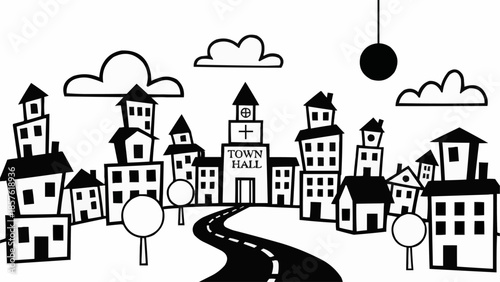 Cartoon town hall building in a stylized city illustration.