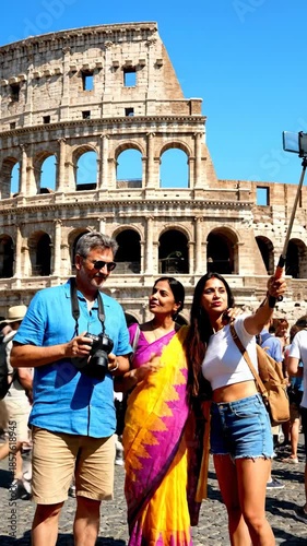 Family Captures Memories at the Colosseum in Rome, Italy, Taking a Selfie.