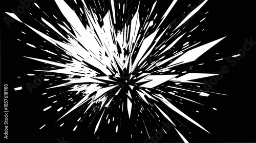 Abstract black and white image depicting a dynamic burst of sharp, fragmented shapes radiating outwards from a central point.