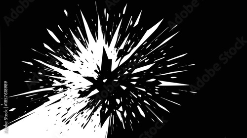 Abstract graphic of white sharp fragments exploding outwards on a black background, creating a dynamic shattered effect.