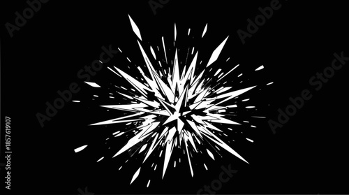 A dynamic white starburst explosion with sharp, fragmented spikes against a dark background, creating a striking abstract graphic effect.