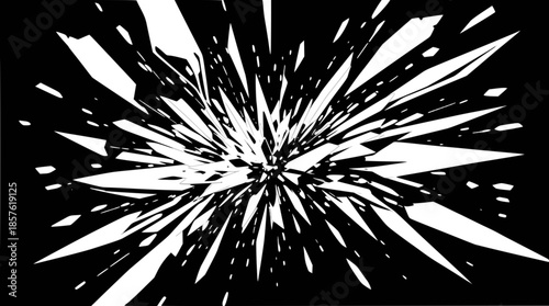 Abstract black and white image depicting a dynamic explosion of sharp, fragmented white shapes radiating from the center.