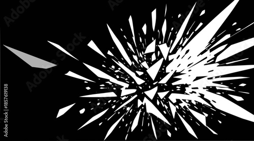 Abstract white shards exploding on a black background, creating a dynamic shattered effect.