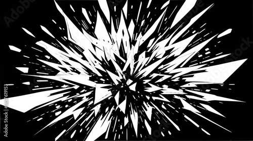 A dynamic abstract illustration of sharp white fragments exploding outwards on a black background, creating a shattered glass effect.