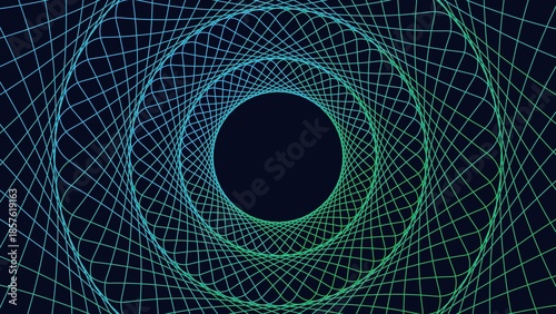 Abstract blue green geometric spiral grid vortex on dark background