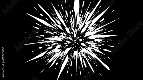 Abstract white radial explosion on a black background, depicting a dynamic burst of energy and light.