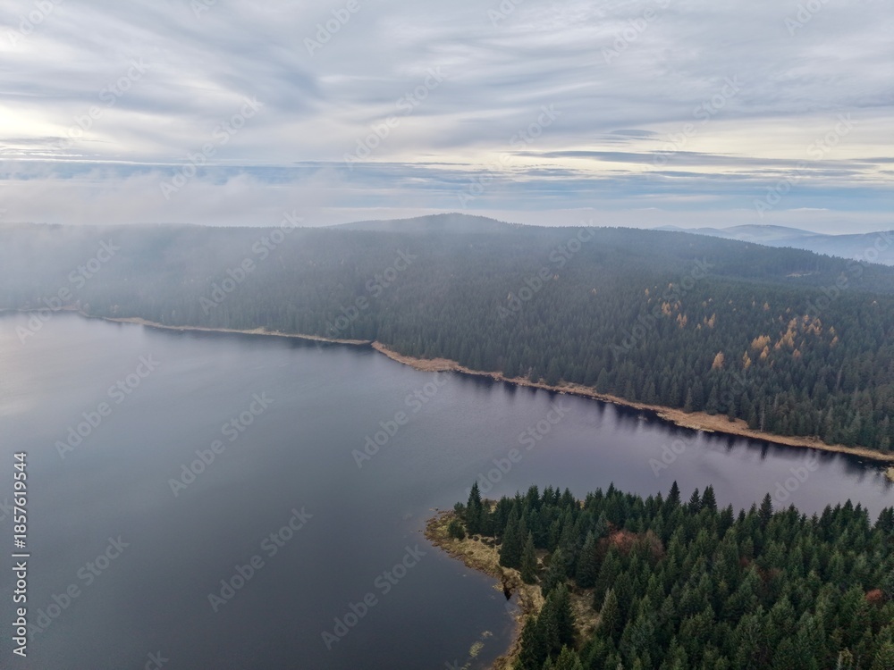 Fototapeta premium serene forested shoreline at dawn, path winding along tranquil shoreline with sunrise illuminating scenery