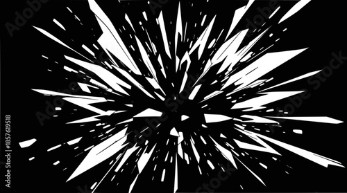 Abstract black and white explosion of sharp, fragmented shapes radiating outwards.