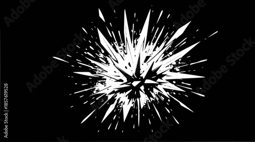 Abstract white spiky explosion graphic on a black background, depicting a dynamic starburst effect.