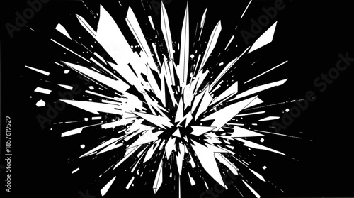 White sharp fragments exploding outwards on a black background, creating a dynamic shattered glass effect.