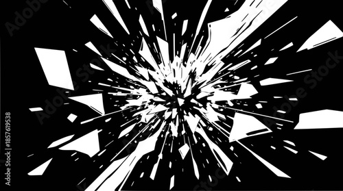 Abstract black and white explosion of sharp, shattered fragments radiating outwards from a central point, creating a dynamic graphic effect.