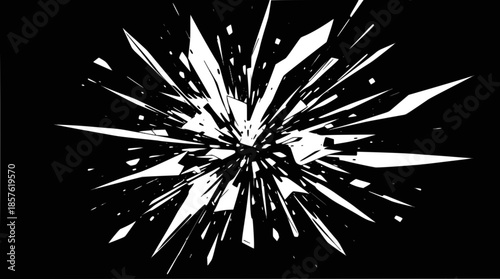 Abstract black and white explosion with sharp, shattered fragments bursting outwards from the center.