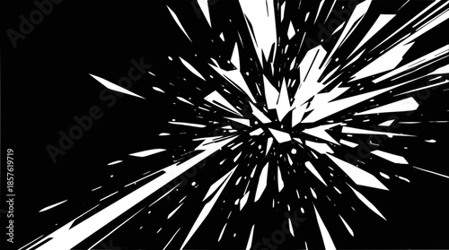Abstract black and white image depicting a dynamic explosion of sharp, fragmented white shards against a dark background, creating a sense of rapid motion and impact.