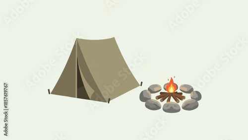 Camping tent and campfire with stones for outdoor adventure.