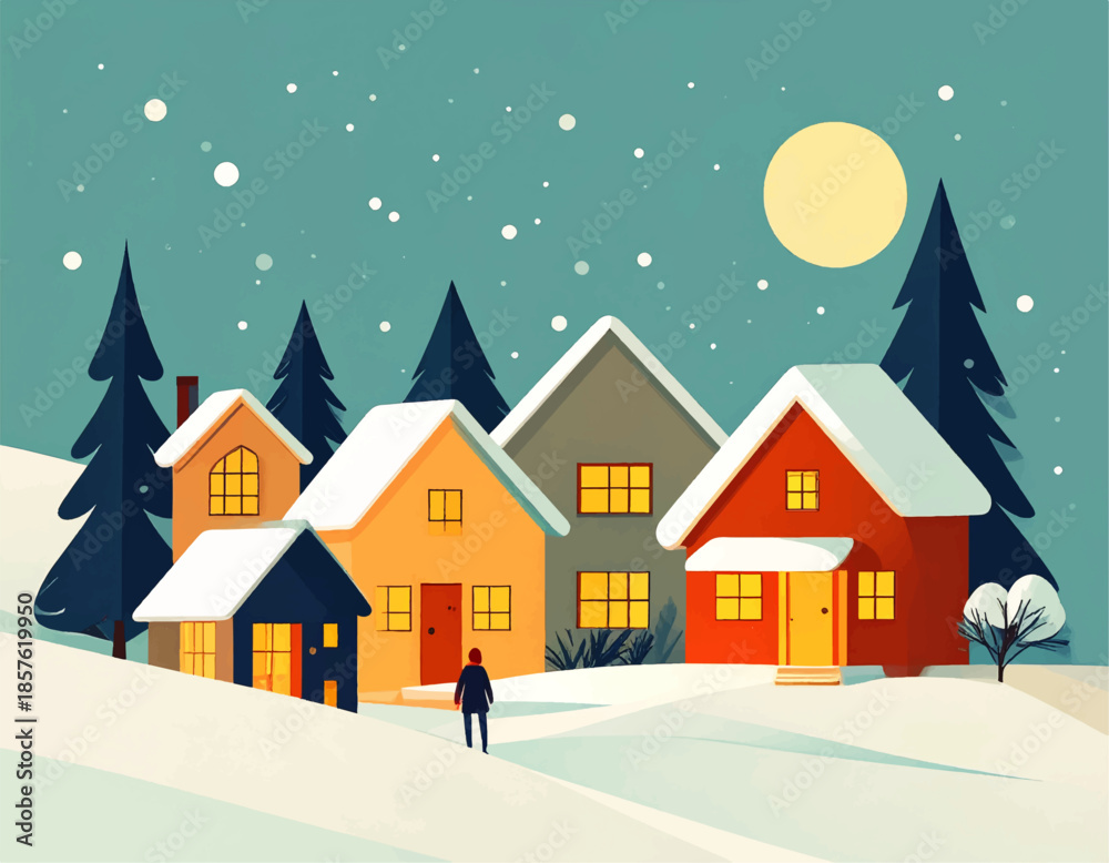 Fototapeta premium Winter Village Illustration: A cozy village nestled in a serene winter wonderland. A solitary figure walks along snow-covered paths, the warm glow of home windows inviting on a chilly evening.