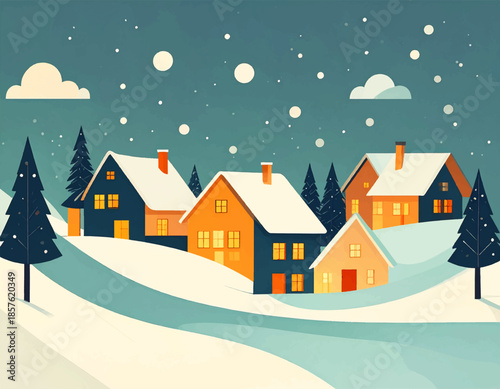 Cozy Village in the Winter Wonderland: A picturesque winter scene of charming houses nestled in a snow-covered landscape under a starry sky. Capture the tranquility and the spirit of the season.