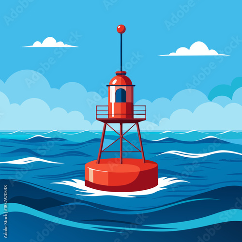 Red Navigation Buoy R2 Floating in the Ocean Water.

