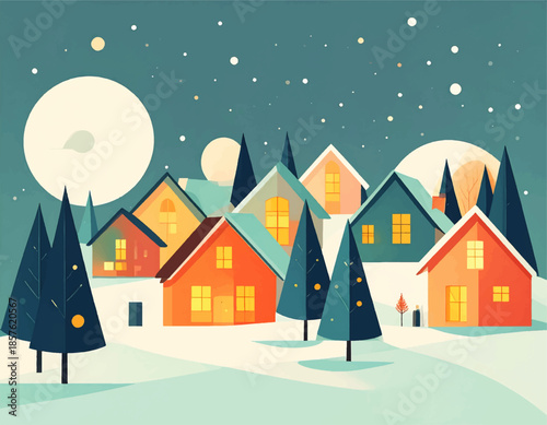 Winter Village Silhouette: a picturesque village nestled in a serene winter landscape, under a starry sky. capturing cozy homes bathed in warm glow.