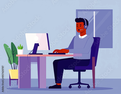 Virtual Support Professional: A focused individual provides virtual assistance, sitting at a modern desk with computer and headset, demonstrating the modern workplace and support. 